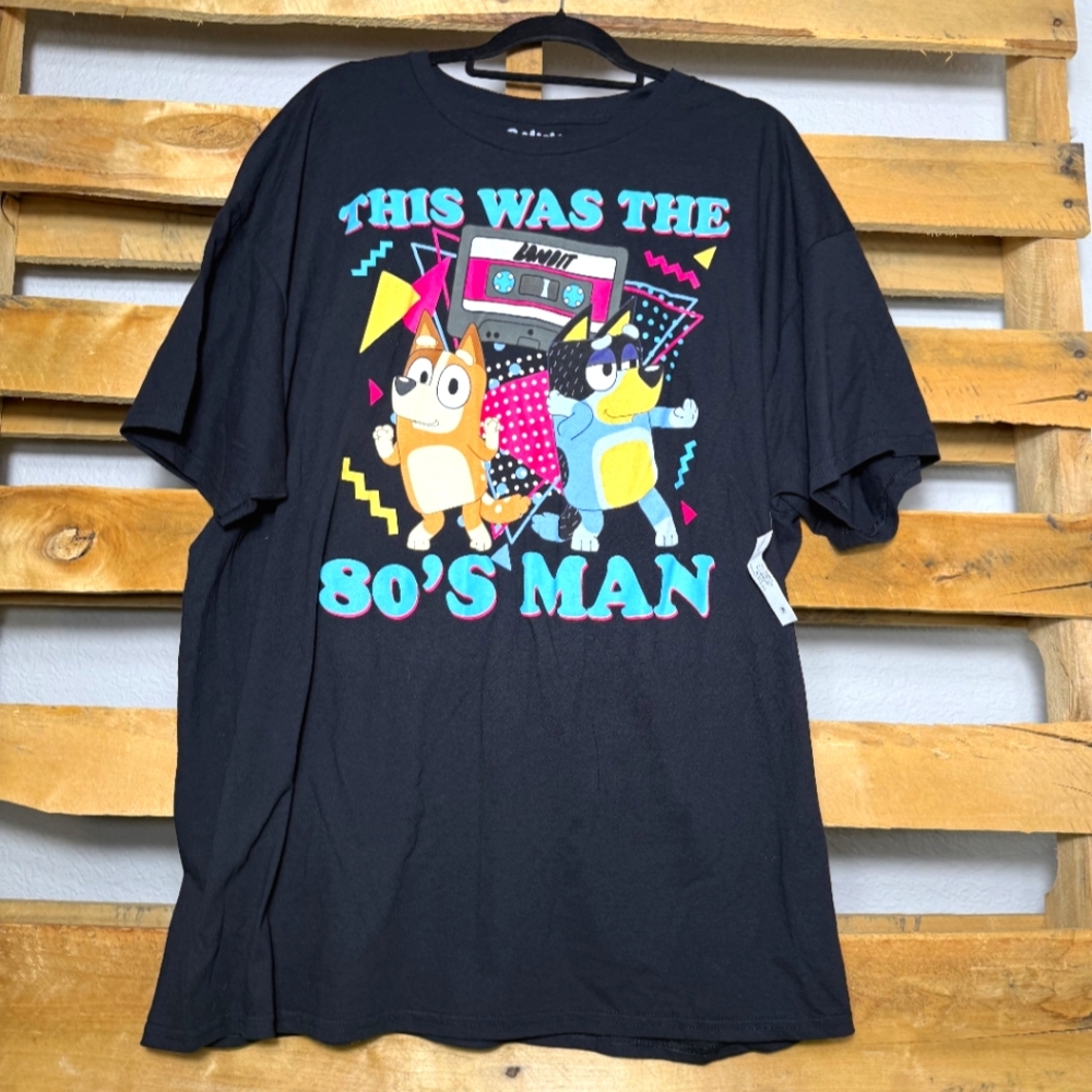 NWT Bluey Retro 80's Black Graphic T-Shirt Size:2XL